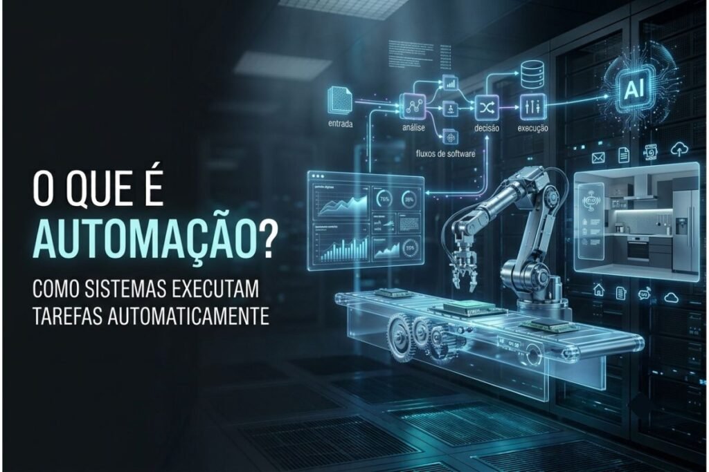Sistema de automação controlando máquinas, softwares, robôs e fluxos digitais por meio de conexões tecnológicas em azul e ciano.
