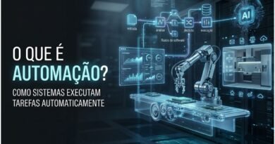 Sistema de automação controlando máquinas, softwares, robôs e fluxos digitais por meio de conexões tecnológicas em azul e ciano.