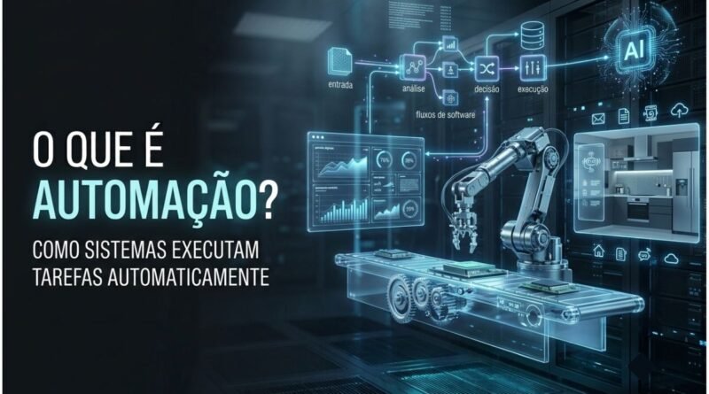 Sistema de automação controlando máquinas, softwares, robôs e fluxos digitais por meio de conexões tecnológicas em azul e ciano.