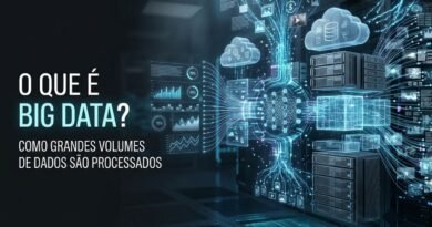 Grande fluxo de dados digitais sendo processado por servidores, bancos de dados e sistemas de análise em uma estrutura tecnológica azul e ciano.