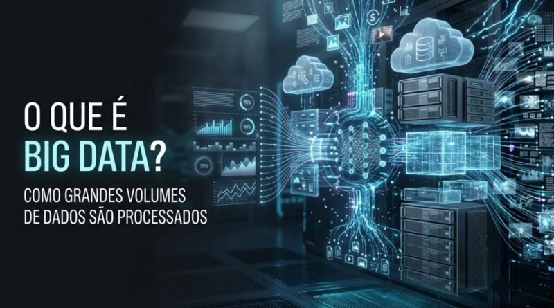 Grande fluxo de dados digitais sendo processado por servidores, bancos de dados e sistemas de análise em uma estrutura tecnológica azul e ciano.