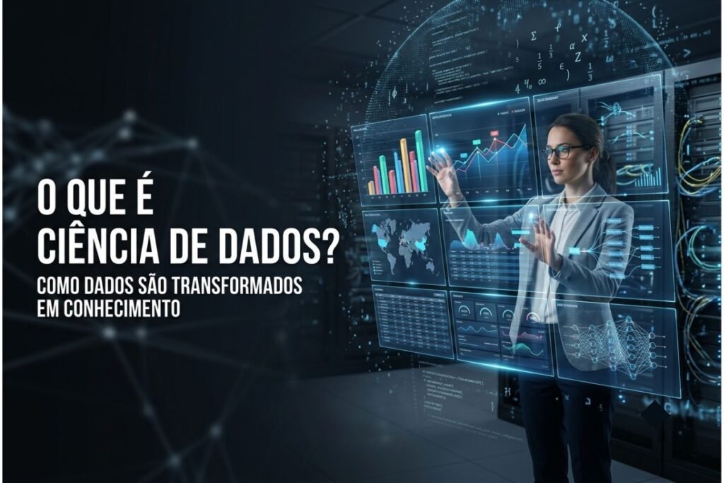 Cientista de Dados analisando grandes volumes de informações em painéis digitais com gráficos, algoritmos e visualizações de dados.