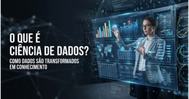 Cientista de Dados analisando grandes volumes de informações em painéis digitais com gráficos, algoritmos e visualizações de dados.