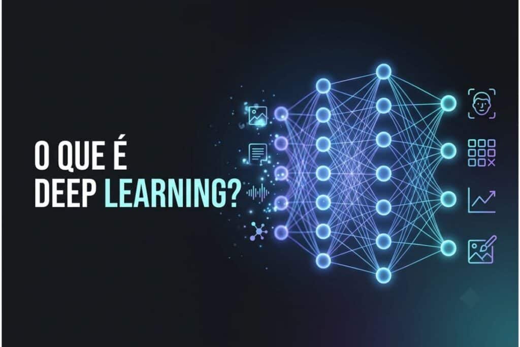 Representação de Deep Learning com rede neural profunda, camadas digitais e conexões de inteligência artificial.