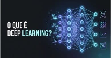 Representação de Deep Learning com rede neural profunda, camadas digitais e conexões de inteligência artificial.