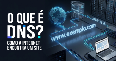 Ilustração hiper-realista mostrando o funcionamento do DNS, com um domínio sendo traduzido para um endereço IP e direcionado a um servidor em um moderno data center, conectado por linhas digitais luminosas em um ambiente tecnológico.