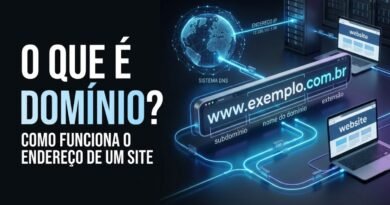 Representação de um domínio de Internet conectado ao sistema DNS, endereço IP, servidor e website, com destaque para nome, extensão e subdomínio.