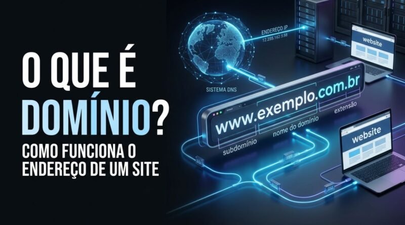 Representação de um domínio de Internet conectado ao sistema DNS, endereço IP, servidor e website, com destaque para nome, extensão e subdomínio.