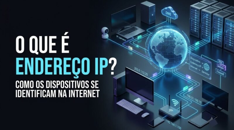 Representação hiper-realista de um endereço IP conectando um computador a um servidor moderno através da Internet, com fluxo de dados digitais, elementos de rede, domínio, DNS e infraestrutura tecnológica em um ambiente futurista.