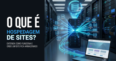 Servidor moderno em um data center iluminado, representando a hospedagem de sites, com racks de servidores conectados e ambiente tecnológico de alta disponibilidade.