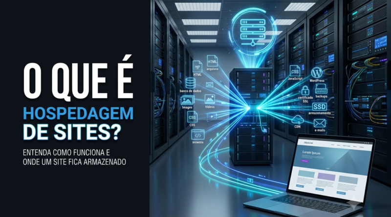 Servidor moderno em um data center iluminado, representando a hospedagem de sites, com racks de servidores conectados e ambiente tecnológico de alta disponibilidade.