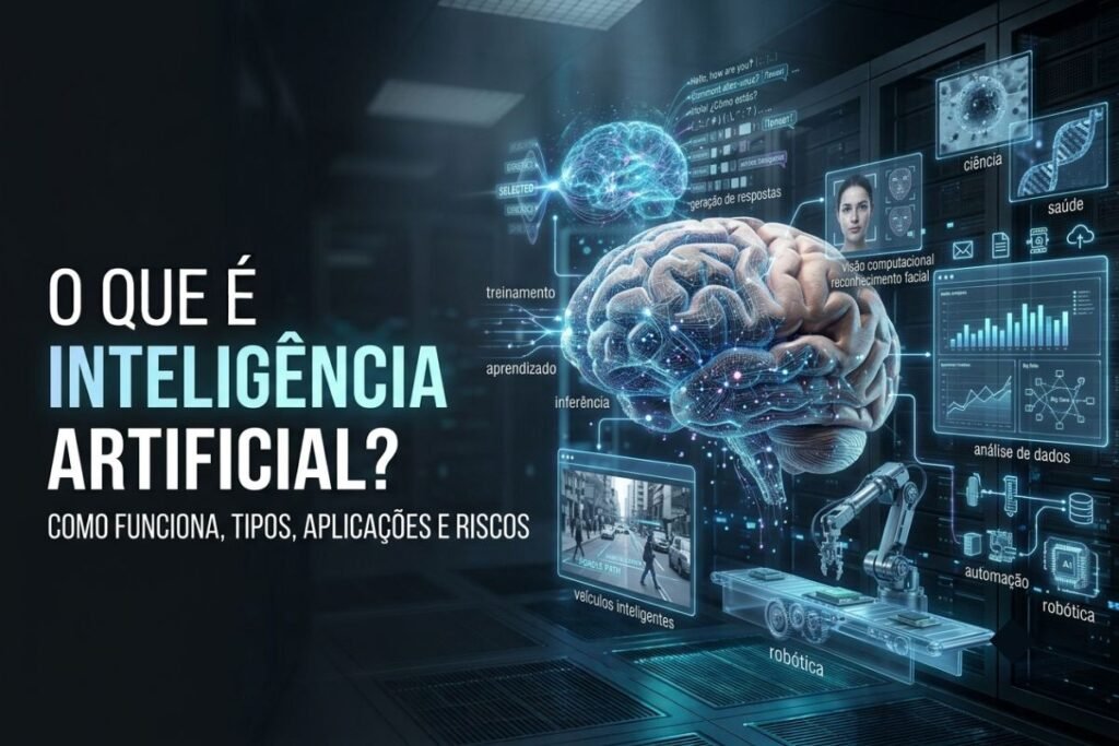 Representação da Inteligência Artificial conectando cérebro digital, redes neurais, robôs, dados, linguagem, visão computacional e automação.