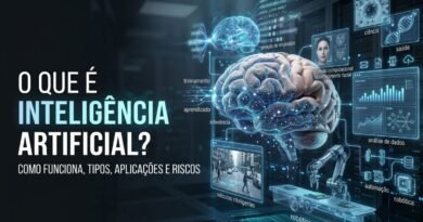Representação da Inteligência Artificial conectando cérebro digital, redes neurais, robôs, dados, linguagem, visão computacional e automação.
