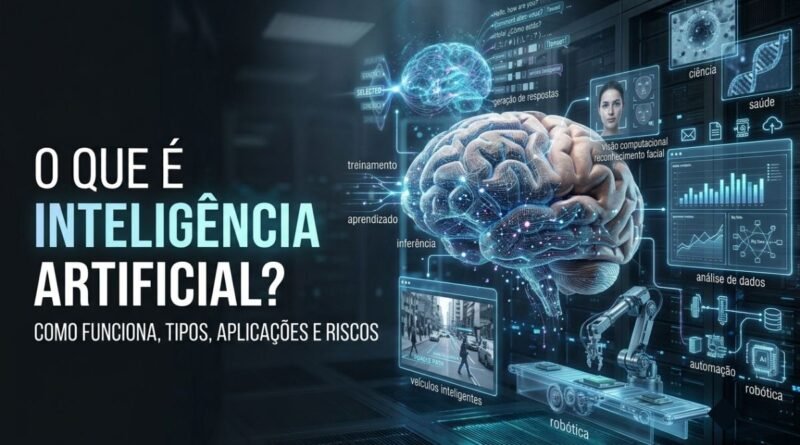 Representação da Inteligência Artificial conectando cérebro digital, redes neurais, robôs, dados, linguagem, visão computacional e automação.