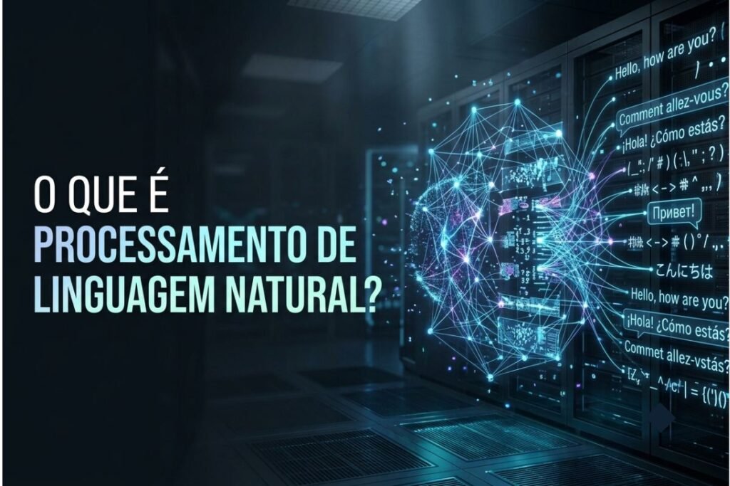 Ilustração futurista representando um sistema de Processamento de Linguagem Natural analisando palavras, frases e conexões semânticas entre diferentes idiomas.