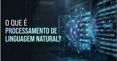 Ilustração futurista representando um sistema de Processamento de Linguagem Natural analisando palavras, frases e conexões semânticas entre diferentes idiomas.