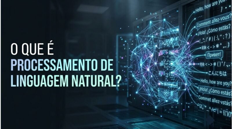 Ilustração futurista representando um sistema de Processamento de Linguagem Natural analisando palavras, frases e conexões semânticas entre diferentes idiomas.