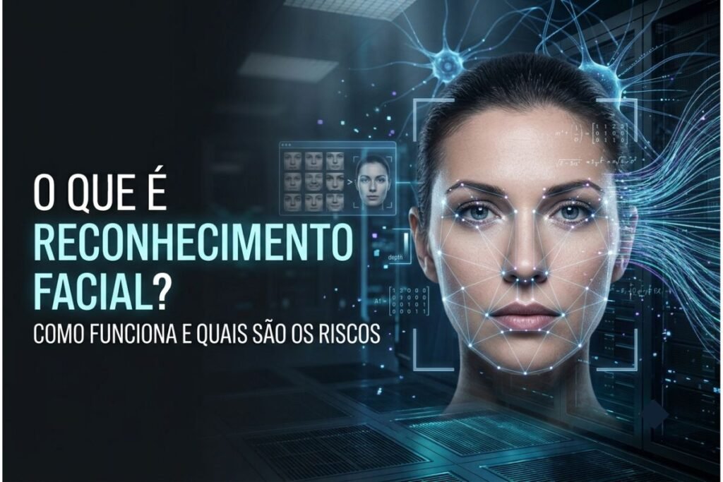 Sistema de reconhecimento facial analisando o rosto de uma pessoa com pontos biométricos, linhas de conexão e uma interface tecnológica azul e ciano.