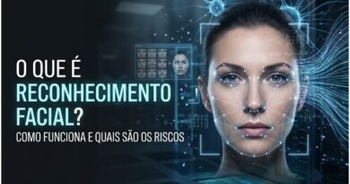 Sistema de reconhecimento facial analisando o rosto de uma pessoa com pontos biométricos, linhas de conexão e uma interface tecnológica azul e ciano.