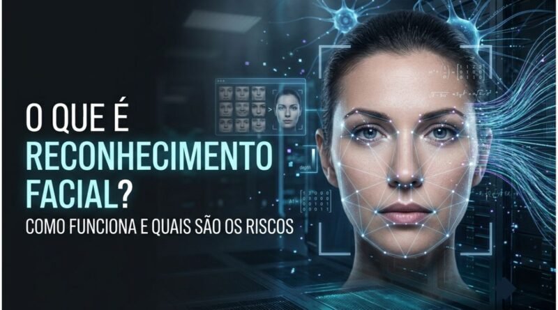 Sistema de reconhecimento facial analisando o rosto de uma pessoa com pontos biométricos, linhas de conexão e uma interface tecnológica azul e ciano.