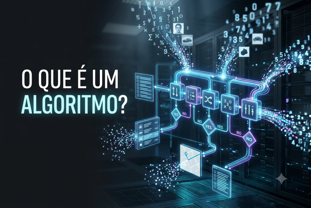 Representação de um algoritmo processando dados por uma sequência de etapas, decisões e resultados digitais.