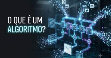 Representação de um algoritmo processando dados por uma sequência de etapas, decisões e resultados digitais.