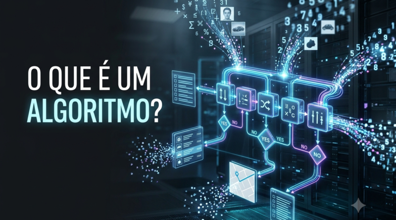 Representação de um algoritmo processando dados por uma sequência de etapas, decisões e resultados digitais.