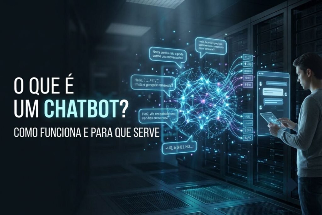 Interface futurista de um chatbot conversando com uma pessoa por meio de mensagens conectadas a uma rede de Inteligência Artificial.