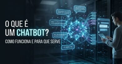 Interface futurista de um chatbot conversando com uma pessoa por meio de mensagens conectadas a uma rede de Inteligência Artificial.