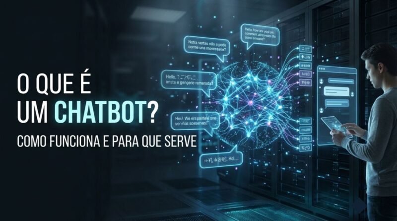 Interface futurista de um chatbot conversando com uma pessoa por meio de mensagens conectadas a uma rede de Inteligência Artificial.