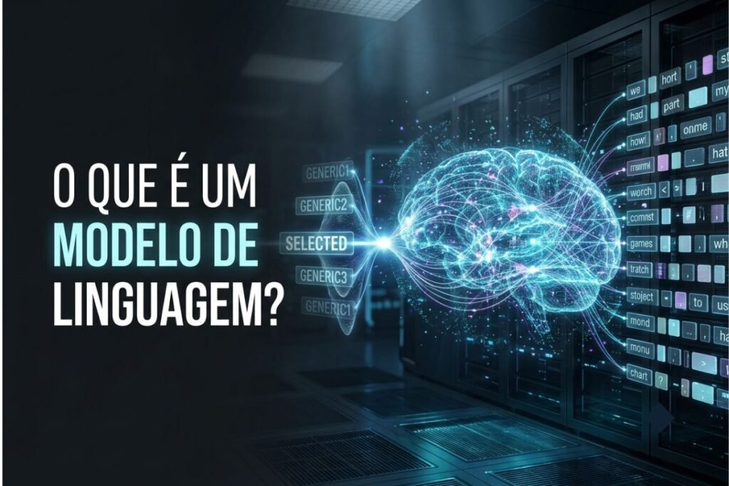 Representação de um modelo de linguagem analisando uma sequência de tokens e prevendo palavras por meio de conexões neurais digitais.