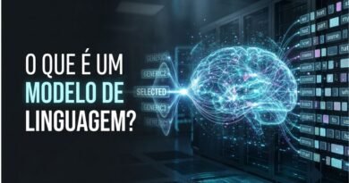 Representação de um modelo de linguagem analisando uma sequência de tokens e prevendo palavras por meio de conexões neurais digitais.