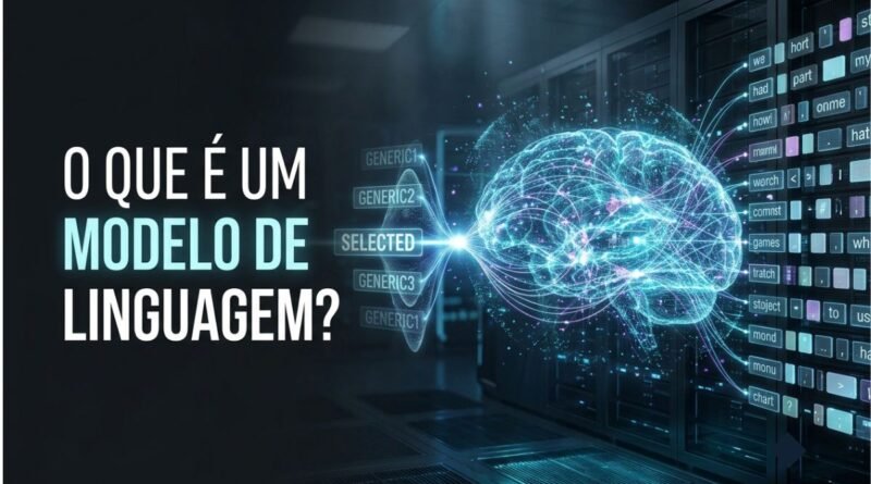 Representação de um modelo de linguagem analisando uma sequência de tokens e prevendo palavras por meio de conexões neurais digitais.