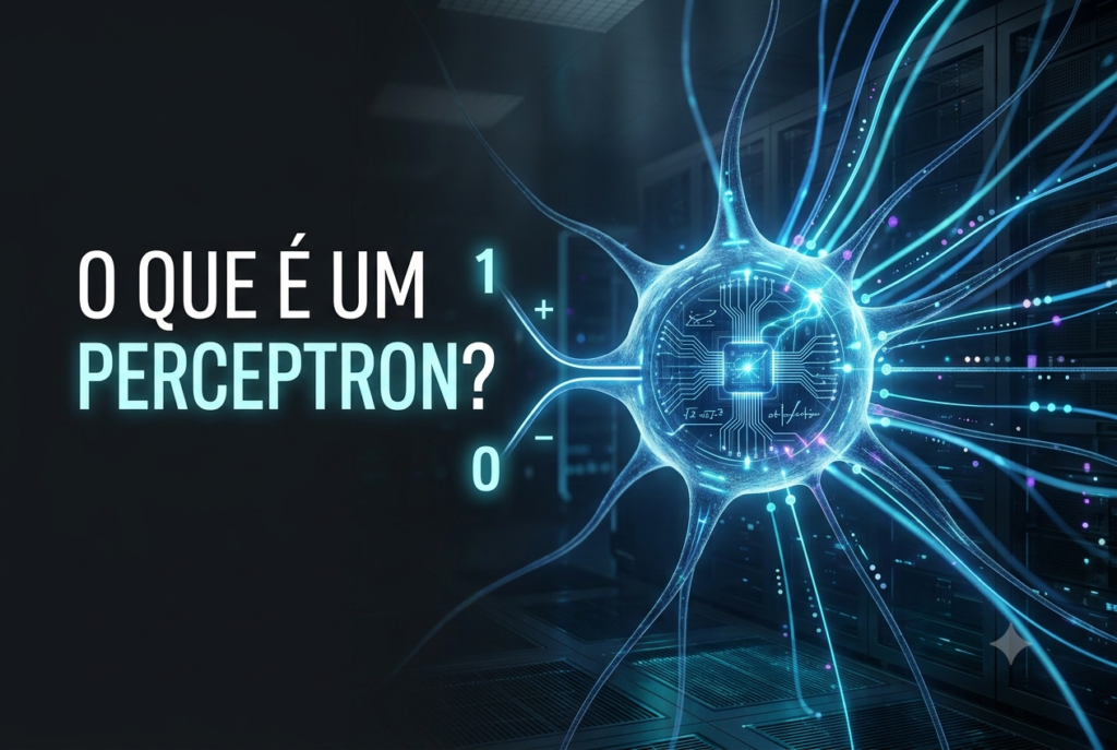 Representação de um perceptron recebendo entradas com pesos e produzindo uma classificação binária.