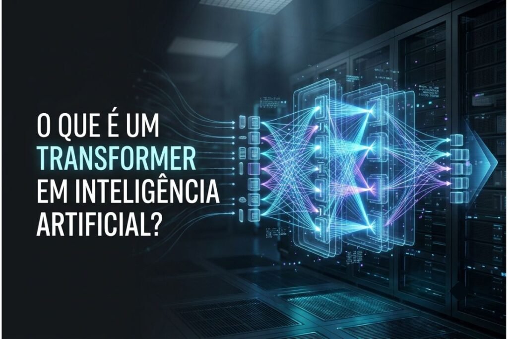 Representação de um transformer em inteligência artificial analisando relações entre tokens por meio de múltiplas conexões de atenção.