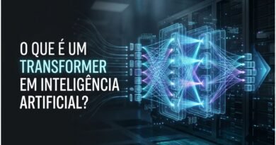 Representação de um transformer em inteligência artificial analisando relações entre tokens por meio de múltiplas conexões de atenção.