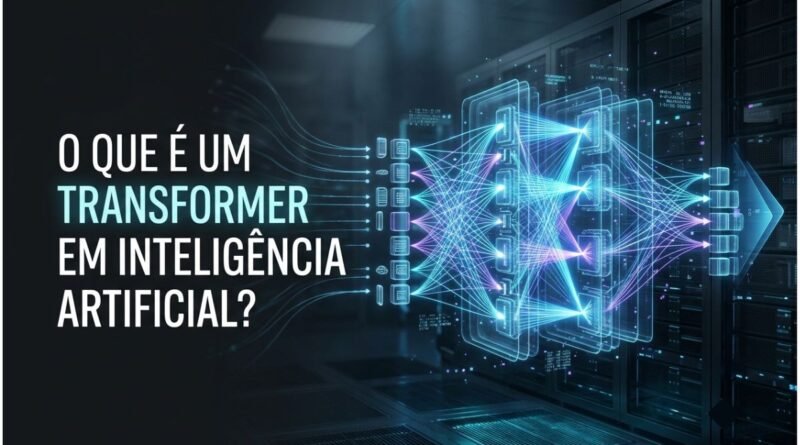 Representação de um transformer em inteligência artificial analisando relações entre tokens por meio de múltiplas conexões de atenção.