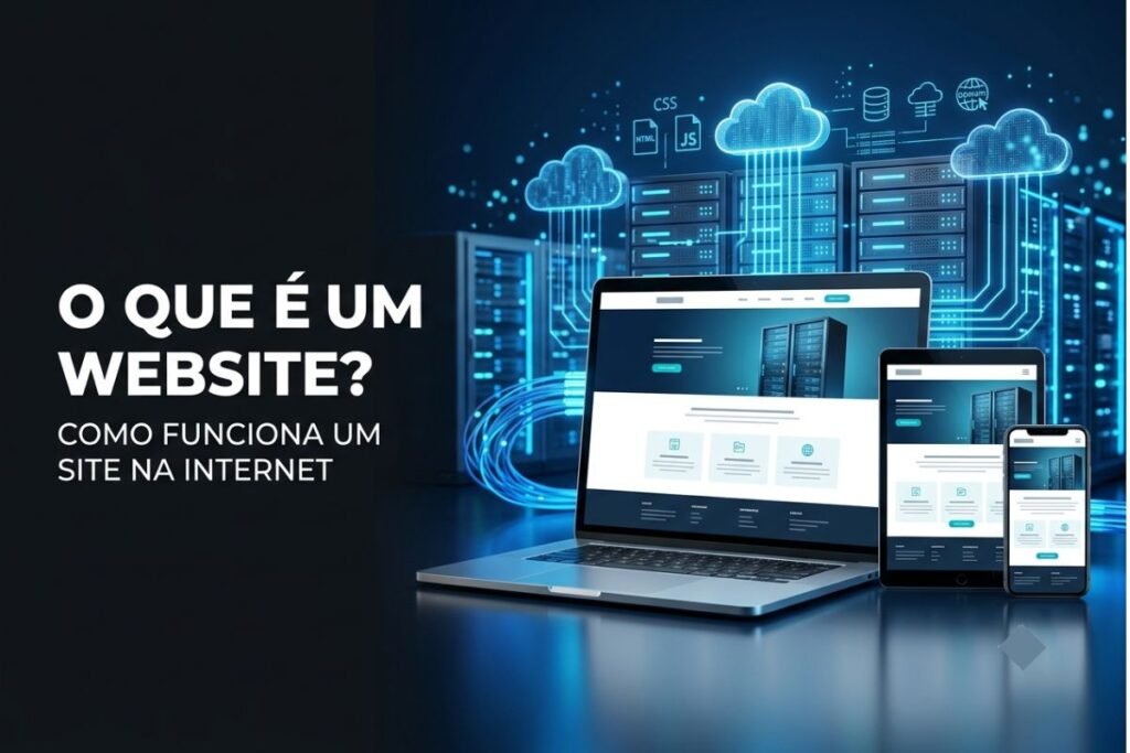 Ilustração de um website moderno exibido em notebook, tablet e smartphone, conectado a servidores e à Internet.