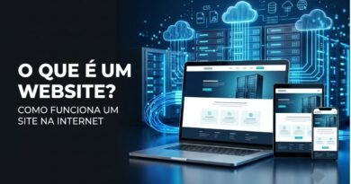 Ilustração de um website moderno exibido em notebook, tablet e smartphone, conectado a servidores e à Internet.