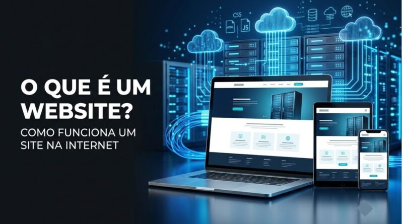 Ilustração de um website moderno exibido em notebook, tablet e smartphone, conectado a servidores e à Internet.