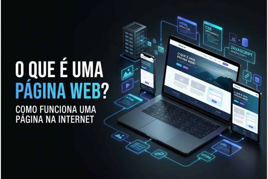 Representação de uma página web moderna sendo construída com HTML, CSS e JavaScript e exibida em computador, tablet e smartphone.