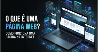 Representação de uma página web moderna sendo construída com HTML, CSS e JavaScript e exibida em computador, tablet e smartphone.