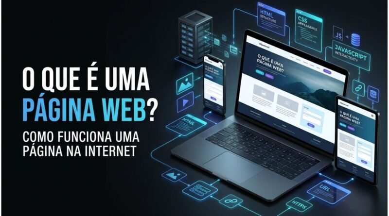 Representação de uma página web moderna sendo construída com HTML, CSS e JavaScript e exibida em computador, tablet e smartphone.