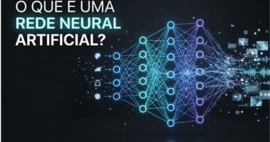 Representação de uma rede neural artificial com neurônios digitais, camadas e conexões de inteligência artificial.
