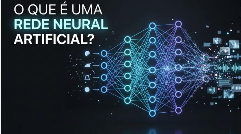 Representação de uma rede neural artificial com neurônios digitais, camadas e conexões de inteligência artificial.