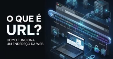 Representação de uma URL dividida em protocolo, domínio, caminho, parâmetros e fragmento, exibida em uma barra de navegador com conexões à Internet.