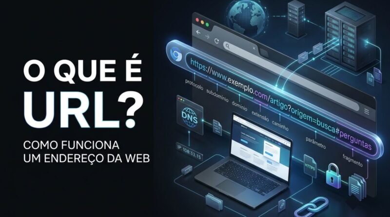 Representação de uma URL dividida em protocolo, domínio, caminho, parâmetros e fragmento, exibida em uma barra de navegador com conexões à Internet.