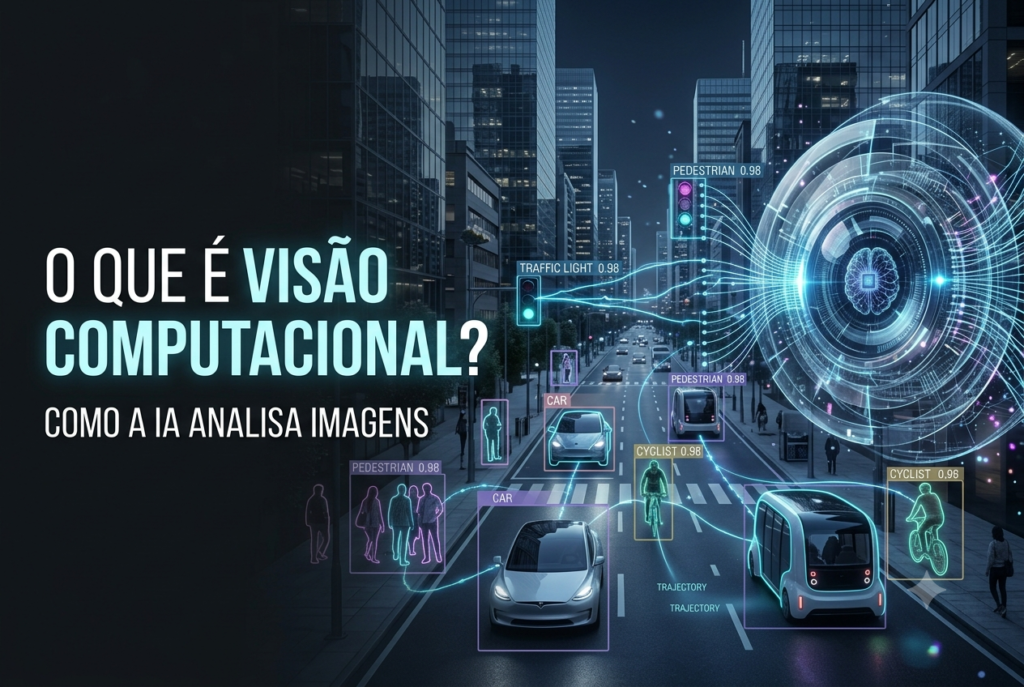 Sistema futurista de visão computacional identificando pessoas, veículos e objetos em uma cena por meio de caixas, conexões e dados digitais.