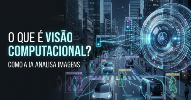 Sistema futurista de visão computacional identificando pessoas, veículos e objetos em uma cena por meio de caixas, conexões e dados digitais.