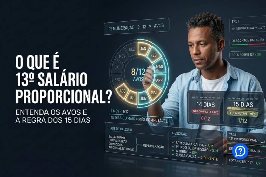 Representação hiper-realista do cálculo do 13º salário proporcional mostrando os 12 meses do ano, regra dos 15 dias, avos do décimo terceiro e cálculo na rescisão trabalhista.